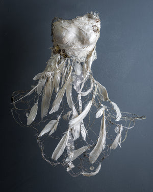 feather angel shell dress. mermaid. angel wire sculpture. contemporary art for the wall 
