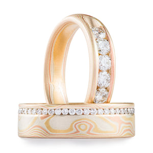 Mokume gane ring set elegant wedding feel with rows of channel set diamonds