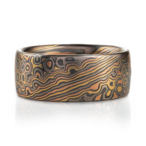 Mokume gane ring mens red gold, yellow gold, silver, palladium mokume gane ring with bespoke pattern. High art raindrop pattern 