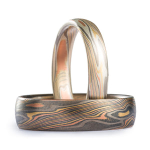 light and dark matching mokume gane rings in same palette but one has been oxidized for higher contrast