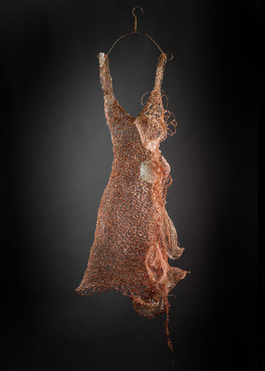 Copper wire art dress sculpture botanical accents metal flowers womans female form body feminist art