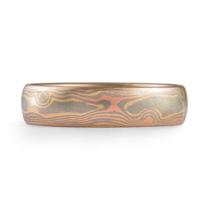 mokume gane woodgrain pattern ring in all gold palette, red gold yellow gold and palladium white gold