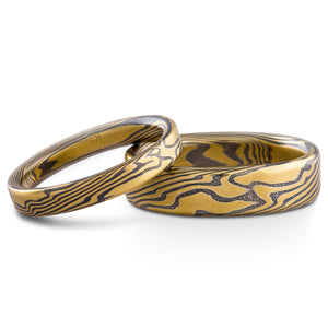 mokume gane wedding ring set yellow gold and oxidized silver