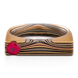 Contemporary Flat Top Mokume Gane Seamless Edge Grain Ring with Ruby in Oxidized Firestorm