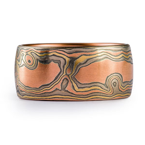 big and bold very wide mokume gane band, in a woodgrain style pattern inspired by tree textures