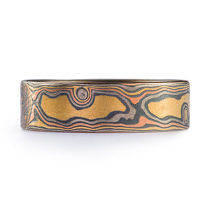 rustic wedding ring, flat profile in a mokume gane pattern, woodgrain style 
