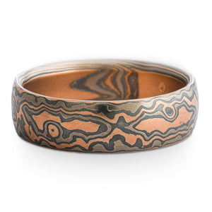 Forest Mokume Gane Ring or Wedding Band in Embers Palette and Oxidized Woodgrain Pattern