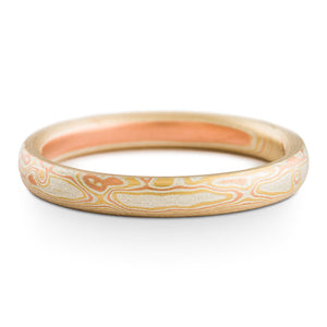 Sunny Cove Mokume Gane Wedding Band or Ring in Non Oxidized Fire Palette and Woodgrain Pattern