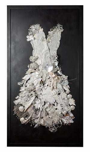 kari Whitman interiors, celebrity, designer. botanical dress collage white on black 