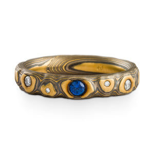 Elegant Mokume Gane Ring or Wedding Band in Guri Bori Pattern and Flare Palette with Blue Sapphire and Diamonds
