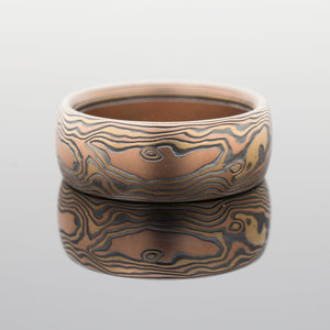 arn krebs mokume gane wedding jewelry ring in oxidized sterling silver, red gold and yellow gold