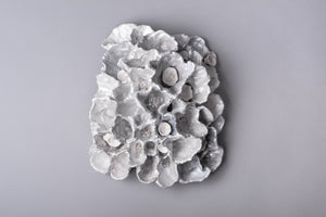 White Pearl Porcelain Coral Reef wall sculpture with small clear glass clusters and bright white coral cups inside the reefs. Small sculpture, home decor.
