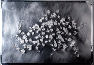 Silver embossed drawing on aluminum with small glass clusters floating off surface on wires, wall art, home decor