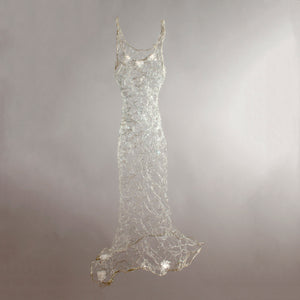 Silver and light blue wire dress with clear glass clusters along bust and hem straps long