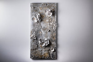 Mixed media panel with clear glass and white porcelain coral reef likeelements Silver and gold leaf, wall mounted art, mixed media textured wall piece, home decor