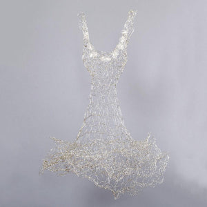 Short Silver Woven Wire Dress Sculpture with clear cast glass clusters