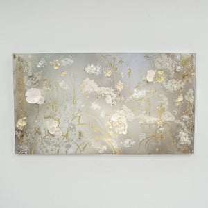 Wide rectangular aluminum panel metallic wall art with gold and silver leafed clear glass clusters and pearl porcelain coral accents, wall art, home decor