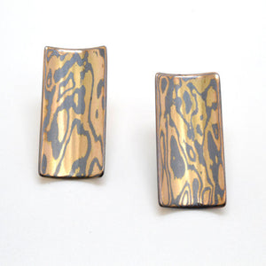 mokume gane post earrings rectangular gold woodgrain