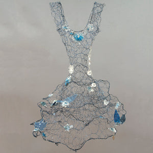 Dark blue woven wire dress adorned with clear and blue  glass and paper leaves  full skirt sleeves