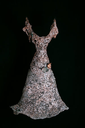 Silver and copper metal dress sculpture with botanical accents chains for sleeves