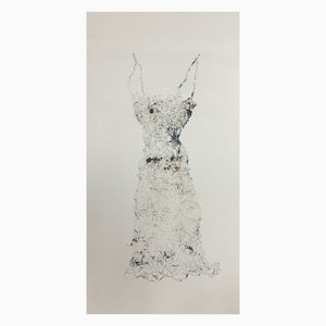 Lightly printed pressed wire dress long with thin straps collagraph in blue black ink on white paper unframed, Print made from wire dress, printed media, home decor, interior decor