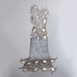 Strapless sweetheart style blue and copper wire dress sculpture made of wire doilies with ruffles and cast glass