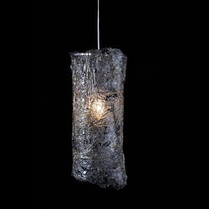 Clear cylinder shade resin cracked ice pattern lace like with single bulb hanging from white cord, Lighting, home decor, interior design