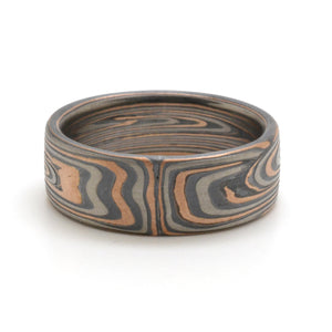 mokume gane ring mens band in red gold, white gold and oxidized silver