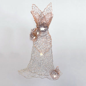 Copper wire strapless dress sculpture angular bust with large wire flower accents at hip and hem