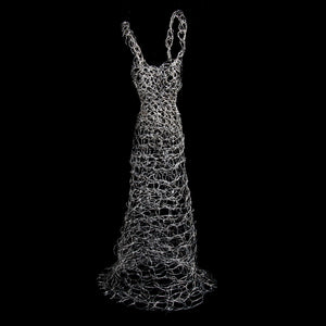 Small scale silver metal wire woven dress standing sculpture standalone metallic artisan made sparkle
