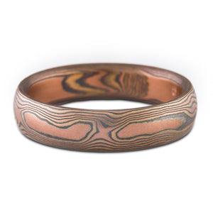 Mokume Gane ring or wedding band custom made arn krebs, fire palette and woodgrain pattern, red gold yellow gold and silver