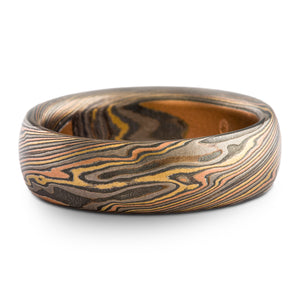 Mokume gane mens wedding band, made with 4 metals - red gold, yellow gold, palladium and oxidized silver (oxidizing makes it dark gray/black).