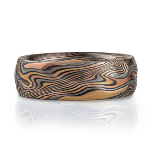 arn krebs mokume gane handmade wedding ring, red gold yellow gold palladium and oxidized silver. not damascus