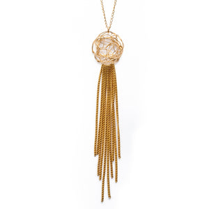 A classical and contemporary pendant with a cascade of chain. Light,organic, and easy to wear. 2"