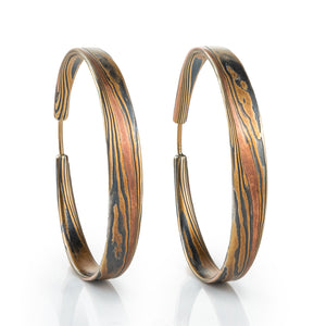 custom made mokume gane patterned hoop earrings, beautiful sleek flat design that allows the mokume to be the prominent feature