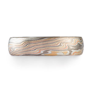 mokume gane twist pattern band with etched finish, red gold yellow gold palladium and silver