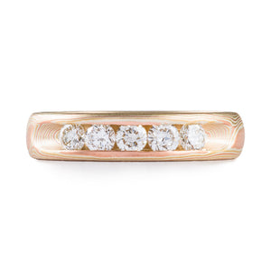 mokume gane diamond ring with channel set stones, classic and very elegant style with a modern feel