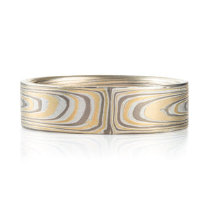 mokume gane arn krebs vortex pattern ring, flat profile, yellow gold palladium and silver