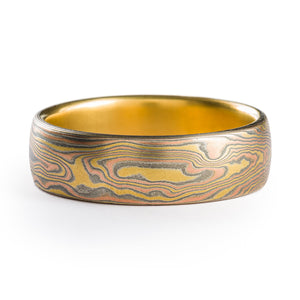 Radiant Mokume Gane Ring or Wedding Band in 18kt Fire Palette and Woodgrain Pattern with Liner