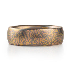 mokume gane ring in arn krebs twist and droplet combination pattern, all gold metal combination red yellow and palladium white gold