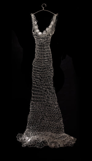 woven wire dress, fiber art. handmade fiber art