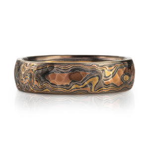 Mokume gane ring mens red gold, yellow gold, silver, palladium mokume gane ring with bespoke pattern. High art with hammered finish