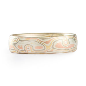 Mokume Gane ring arn krebs woodgrain pattern firestorm palette, this metal palette is made of red gold yellow gold palladium and silver, ring has an etched finish with no oxidation, giving it an overall lighter appearance.