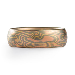 Tri Gold Mokume Gane Ring or Wedding Band in Woodgrain Pattern and Cinders Palette