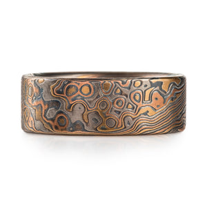 fun rustic mokume gane ring with flat profile, masculine style, red gold palladium yellow gold and oxidized silver