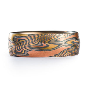 Rustic Mokume Gane Ring in Firestorm Palette and Twist Pattern with Kazaru