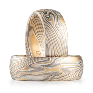 matching mokume gane ring set, yellow gold palladium and silver in a twist pattern