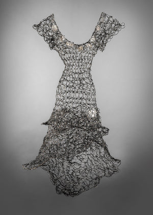 Black silver metallic wire art long dress sculpture metal womens fashion wall art clothing closet art