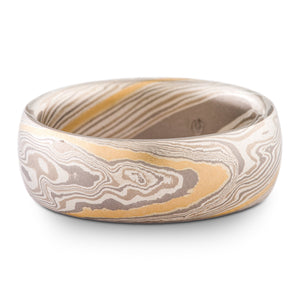 Elegant Mokume Gane Wedding Ring Twist Pattern in Smoke Palette with 18k Gold Stratum