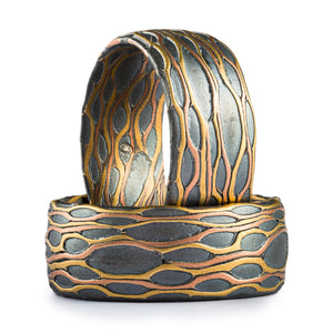 custom patterned mokume gane rings made by arn krebs, inspired by cholla cactus